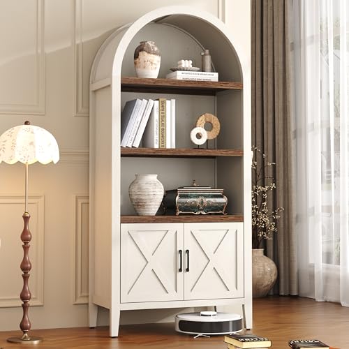 Yusong 71" Tall Arched Bookcase, 5-Tier Arched Bookshelf, Arch Cabinet Display Cabinet with Doors and Shelves, Modern Farmhouse Kitchen Pantry for Living Room Bedroom, White - color: White, size: 71" H