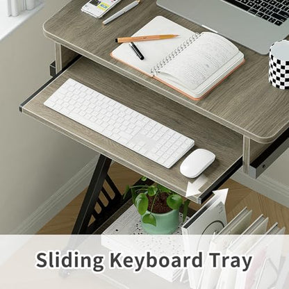 ALISENED 23.6" Z-Shaped Computer Desk for Small Spaces with Keyboard Tray, Wheels and Bottom Shelves, Compact Space-Saving Home Office Workstation, Grey - color: Grey