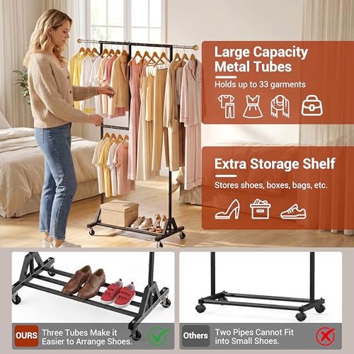 Rolling Clothing Rack with Bottom Storage Shelf & lockable Casters, Multi-tier Retractable Sturdy Garment Rack for Hanging Coats, Dresses - Ideal for Bedroom, Closet & Laundry Room ( Taller version ) - color: Multi-tier (67.3 H")