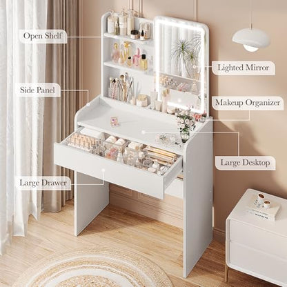 Memobarco Small Vanity Desk with Mirror and Lights, Makeup Vanity with Drawer & Storage Shelves, Vanity Desk with 3 Lighting Modes & Adjustable Brightness, Dressing Table for Women Girls Bedroom,White - color: White