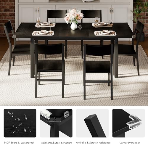 iPormis 7-Piece Dining Table & Chairs Set for 4-6, 63" Extendable Kitchen Table with 6 Chairs, Dining Room Table with Metal Frame & MDF Board, Perfect for Small Space, Easy Assembly, Black - color: Black