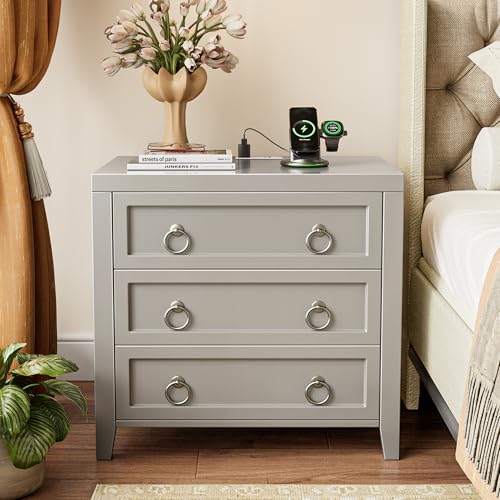Huuger Paint Night Stand with Charger Station, 3 Drawer Nightstand Set of 2 | Larger Wider Bedside Table with USB-C Port, Modern End Table, for Bedroom, Living Room, Grey Nightstand - color: Grey