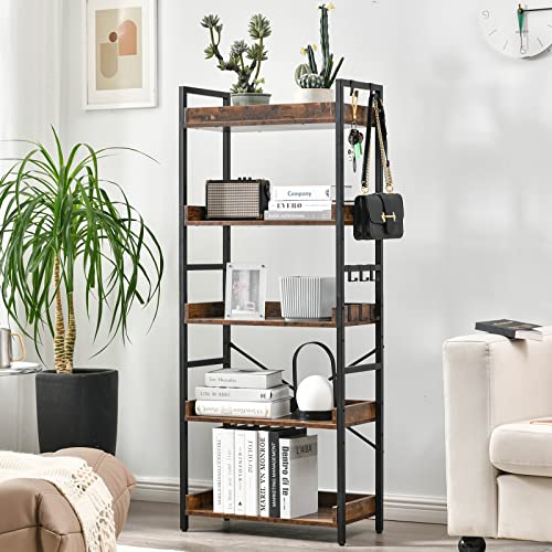 HCHQHS Adjustable 5 Tier Open Bookcase, Rustic Farmhouse Book Shelves, Industrial Wood and Black Metal Bookshelves, Mid Century Bookcase for Home Office Living Room Bedroom - color: Rustic Brown, size: 5-Tier (24"W x 57"H)