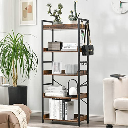 HCHQHS Adjustable 5 Tier Open Bookcase, Rustic Farmhouse Book Shelves, Industrial Wood and Black Metal Bookshelves, Mid Century Bookcase for Home Office Living Room Bedroom - color: Rustic Brown, size: 5-Tier (24"W x 57"H)