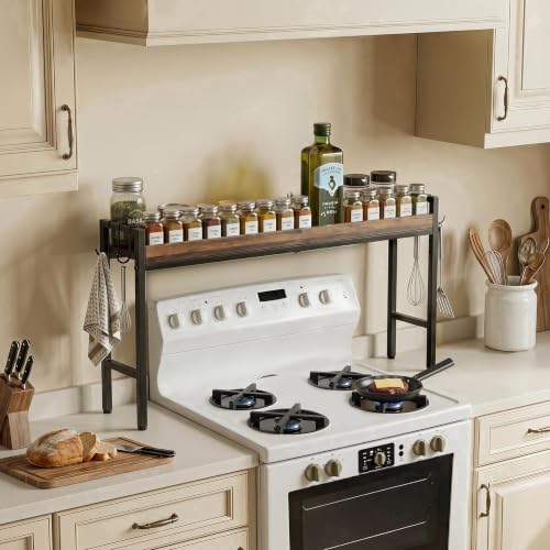 31 Inch Over the Stove Spice Rack, Adjustable 3-Tier Stove Top Shelf Equipped with 6 Utility Hooks to Organize Spices & Kitchen Gadgets (Browm) - color: Brown