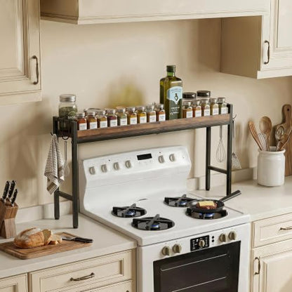 31 Inch Over the Stove Spice Rack, Adjustable 3-Tier Stove Top Shelf Equipped with 6 Utility Hooks to Organize Spices & Kitchen Gadgets (Browm) - color: Brown