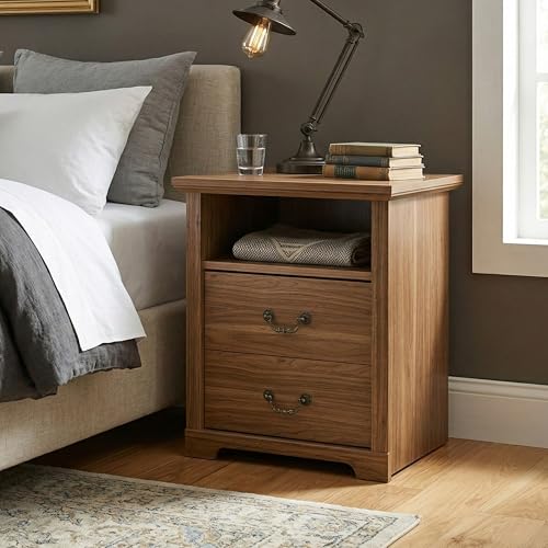 24/7 Shop at Home Elrik Modern 22-inch Wood Nightstand with Open Shelf, 2 Drawers and Ornate Handles, Wooden Night Stand for Bedroom, Apartment, Small Bedside Table, Walnut - color: Walnut