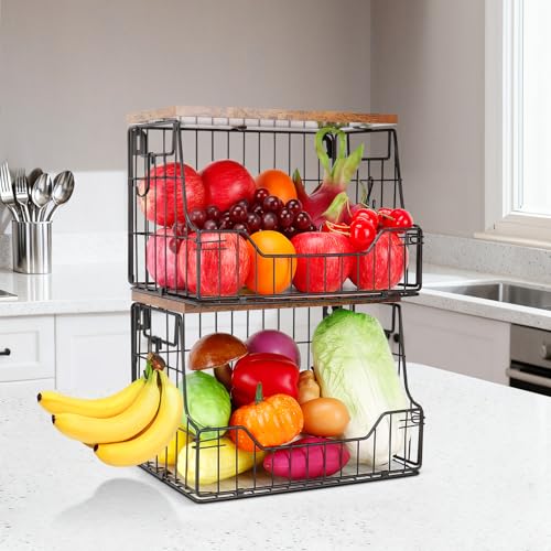 Livabber Fruit Basket for Kitchen, Metal Fruit Vegetable Storage Bin with 2 Banana Hangers, Countertop Wire Basket Organizer for Snack Potato Onion, Screw Mounted or Stand (Black, 2 Pack) - style: 2 Pack