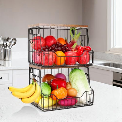 Livabber Fruit Basket for Kitchen, Metal Fruit Vegetable Storage Bin with 2 Banana Hangers, Countertop Wire Basket Organizer for Snack Potato Onion, Screw Mounted or Stand (Black, 2 Pack) - style: 2 Pack
