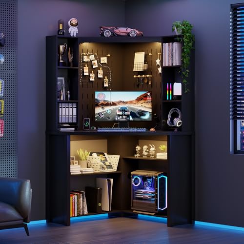 Corner Computer Desk with Hutch & Shelves and LED Reading Lights, Black | 2 AC Outlets & USB & Type-C Charging Station, 3 Dimmable Lights, 6-Tiers Shelves, Fits Home Office, for Gaming and Work Use - color: Black86015