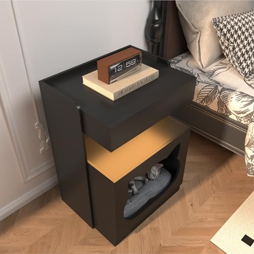 Mojztezy Black Bedside Table with Cat Design, Built-in Charging Station & Soft LED Light, Minimalist Pet-Friendly Storage Nightstand, Stylish Accent Furniture for Bedroom, Office and Living Room