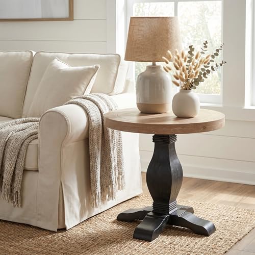 Martin Svensson Home Napa Solid Wood Pedestal End Table, Black & Driftwood | Farmhouse Rustic, Pine Wood, Round Side Table, Nightstand, 2" Plank Top, for Living Room or Bedside, 26" W x 26" D x 25" H - color: Black and Driftwood