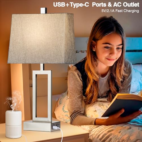 Rinweey 23.5" Touch Control Table Lamps Set of 2, Modern Silver Bedside Lamps with USB A+C Ports & AC Outlet, 3 Way Dimmable Contemporary Nightstand Lamps for Bedroom Living Room(2 LED Bulb Included) - color: Silver
