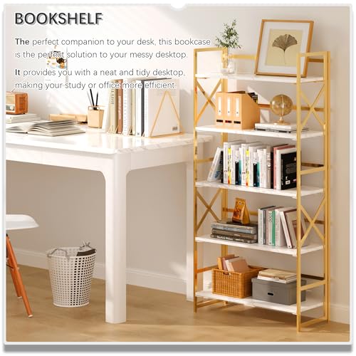 4NM 5 Tiers No Assembly Book Shelves, 51.2" H Folding Bookshelf Bookcase Open Industrial Foldable Shelves for Bedroom, Living Room, Home Office - White Gold - color: White Gold, size: XX 5-Tier