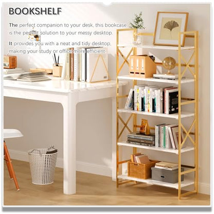 4NM 5 Tiers No Assembly Book Shelves, 51.2" H Folding Bookshelf Bookcase Open Industrial Foldable Shelves for Bedroom, Living Room, Home Office - White Gold - color: White Gold, size: XX 5-Tier