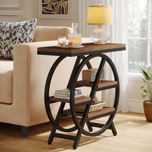Tribesigns End Table for Living Room, 3-Tier Narrow Side Table with Storage, Wood Sofa Side Table with Geometric Metal Frame, Industrial Nightstand and Bedside Table for Bedroom - color: Rustic Brown