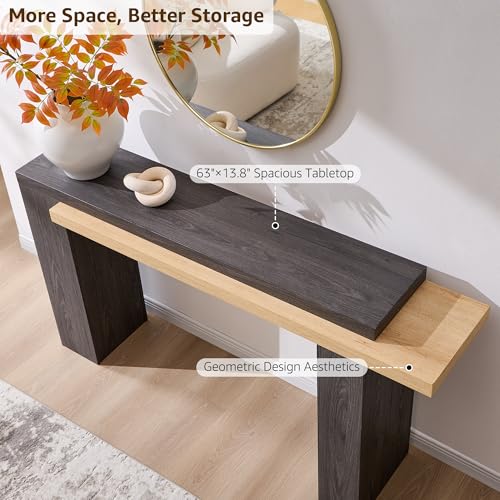 OKD 63" Geometric Console Table with Layered Top, Natural Oak & Dark Alder | Extended Layered Top, Sturdy Support Legs, Entryway, Hallway, Foyer, Living room, Behind Sofa - color: Natural Oak With Dark Alder