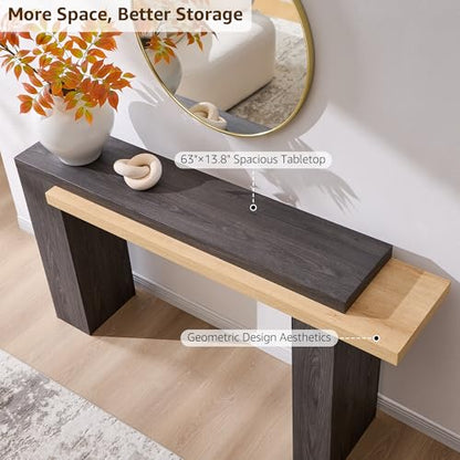 OKD 63" Geometric Console Table with Layered Top, Natural Oak & Dark Alder | Extended Layered Top, Sturdy Support Legs, Entryway, Hallway, Foyer, Living room, Behind Sofa - color: Natural Oak With Dark Alder