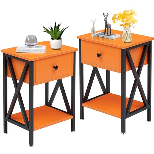VECELO Nightstands Set of 2, Modern Bedside End Tables, Night Stands with Drawer and Storage Shelf for Living Room Bedroom, Industrial Metal Frame - color: Orange, size: Set of 2 - 15.8"W x 11.8"D x 21.7"H