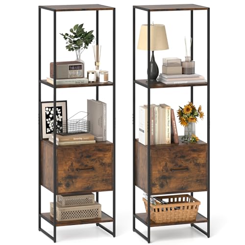 Giantex 5-Tier Bookshelf with Drawer Set of 2, Narrow Bookcase w/Open Shelves & Metal Frame, Modern Storage Organizer Shelving Unit, Freestanding Display Rack for Bedroom Living Room - color: Rustic Brown+black