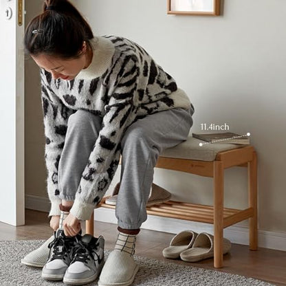 Oak Wood Shoe Bench, 24 Inch Entryway Bench with Light Gray Cushion | Natural oak finish with visible grain and light gray cushion creates a Scandinavian-inspired entryway seat. - color: Natural + Light Gray Cushion, size: 23.62"