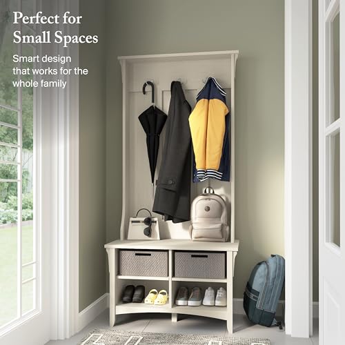 Bush Home Salinas Hall Tree with Shoe Storage Bench in Antique White, Multi-Purpose Home Organizer, Entryway Solution with Seating and Hooks - color: Antique White