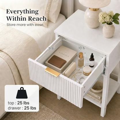 Modern Fluted Small Wood Nightstand, 11.8" Deep x 15.4" Narrow Bedside Table with Drawer & Open Shelf, Farmhouse Chic Accent Side Table for Bedroom & Sofa - White | Bright white tone, ribbed fluted front, 11.8-inch slim depth, concealed storage, clean fit