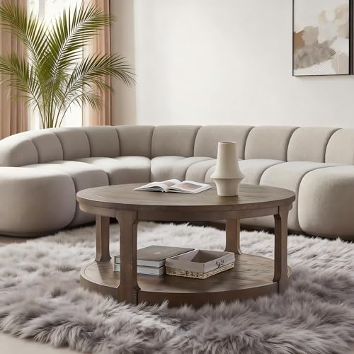 Coffee Table Round 40 inch for Living Room Modern 2-Tier Solid Wood Desktop Coffee Tables with Stroage Casters Circle Drum Tea Wooden Handcraft Home Furniture for Apartment Easy Assembly Brown - color: 40 Brown 2-tier
