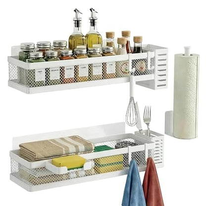PUSDON 5-in-1 16.5" Extra Long Slim Wall Mount Wrapped Mesh Kitchen Organizer & Shower Caddy Kit, with Paper Towel Holder, Utensil Holder, Soap Dish, Holds 50LBS - White, Netting - color: White, size: 5-in-1 Full Mesh (16.5" Extra Long)