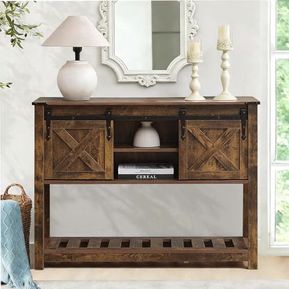Brown Farmhouse Entryway Table, Rustic Hallway Table with Storage Shelf, Sofa Table with Sliding Barn Doors for Hallway, Entryway, Living Room, Foyer - color: Brown