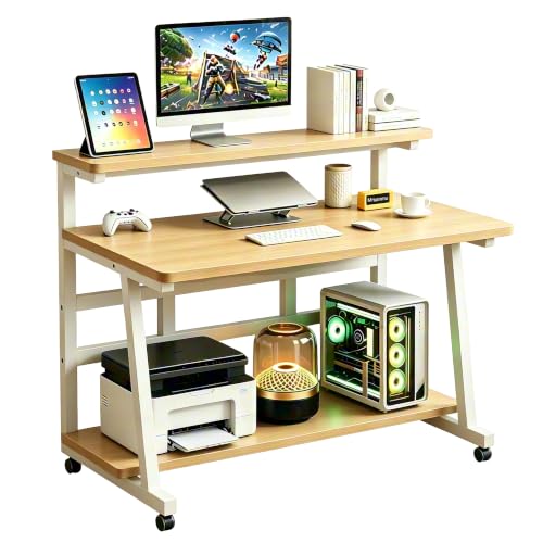 Rolling Computer Desk, 39.4 Inch Small Desks For Small Space, Portable Small Computer Desk with Monitor Stand & 3-Tier Storage, Portable Desk on Wheels for Writing, Home Office, Small Desk for Bedroom - color: Frame：white/Board：teak, size: 39.4“*19.7''