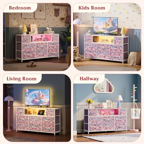 WLIVE Dresser TV Stand for 45, 50, 55 inch TV, Entertainment Center with LED Lights & Charging Station, Chest of Drawers with 8 Fabric Drawers for Living Room, Tie-dye Print (Pink, Purple, Blue) - color: Tie-dye Purple Print