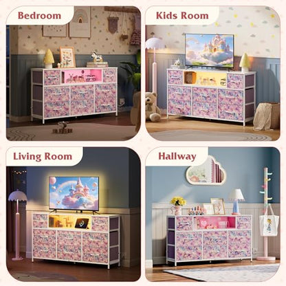 WLIVE Dresser TV Stand for 45, 50, 55 inch TV, Entertainment Center with LED Lights & Charging Station, Chest of Drawers with 8 Fabric Drawers for Living Room, Tie-dye Print (Pink, Purple, Blue) - color: Tie-dye Purple Print