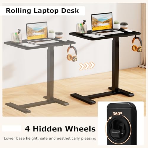 Tangkula Mobile Standing Desk, Pneumatic Height Adjustable Rolling Desk with Cup Holder & Headphone Hook, Overbed Table with Hidden Wheels, Laptop Computer Cart for Couch, Home, Office (Black) - color: Black