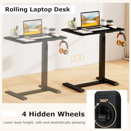 Tangkula Mobile Standing Desk, Pneumatic Height Adjustable Rolling Desk with Cup Holder & Headphone Hook, Overbed Table with Hidden Wheels, Laptop Computer Cart for Couch, Home, Office (Black) - color: Black