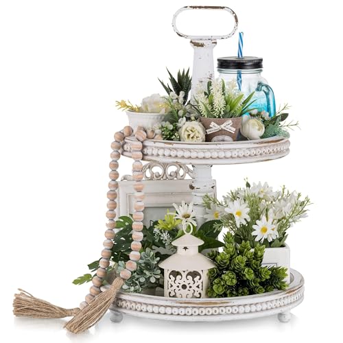 Hanobe 2 Tiered Decorative Trays Stand Boho Coffee Table Decor | White Farmhouse Round Centerpieces Display for Living Room Kitchen Counter - color: White Washed
