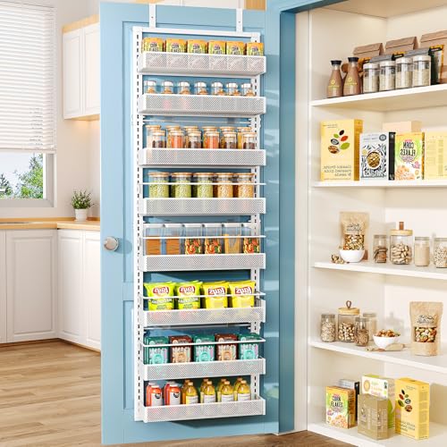 SNTD 8 Tiers Over the Door Organizer - Height Adjustable Pantry Organizers and Storage with Dense Mesh Baskets, Anti-Swing Hanging Door Spice Rack for Kitchen Bathroom (White, 17" W x 6" D x 69" H) - color: White, size: 17" W x 6" D x 69" H