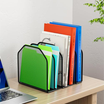 FUCDTEFC Desk File Organizer, Adjustable 5 Sections Upright Desktop Organizer File Sorter, Sturdy Metal Mesh Vertical Bookshelf File Holder Workspace Accessories for Home,School,Office Classroom,Black