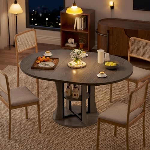 Extendable Round Dining Table for 4-6-8, 43.3-59in Expandable Kitchen Table with Storage Shelf, Space Saving Circle Oval Dining Table with Leaf for Kitchen, Dining Room, Gray - color: Grey