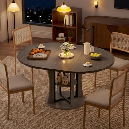 Extendable Round Dining Table for 4-6-8, 43.3-59in Expandable Kitchen Table with Storage Shelf, Space Saving Circle Oval Dining Table with Leaf for Kitchen, Dining Room, Gray - color: Grey