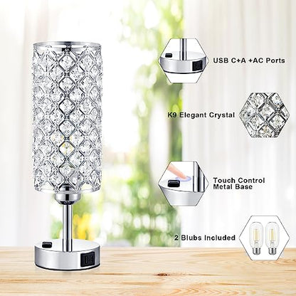 Hong-in Crystal Lamp Touch Control Set of 2, Sliver Crystal Table Lamps with USB C+A Ports & AC Outlet, 3-Way Dimmable Nightstand Touch Lamp, Modern Bedside Table Lamp for Bedroom(Bulbs Included) - color: A-Silver