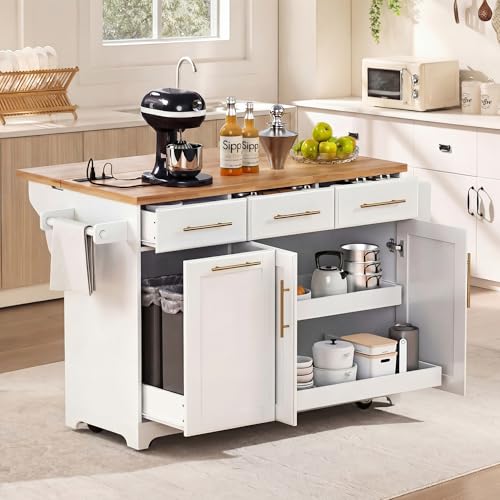 60" Kitchen Island with Trash Can Storage Cabinet and Power Outlet | Rolling Kitchen Cart on Wheels with Rubber Wood Drop Leaf Top, Spice Rack, Towel Rack and Adjustable Shelf, White - color: White