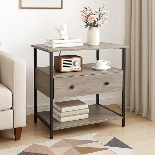 Edbuosy 27 Inch Wide Night Stand with Charging Station, Wood Nightstand with Open Shelf, Large Drawer Bedside Table for Living Room/Bedroom/Office, Rustic Gray - color: Rustic Gray, size: 27"W-1 Drawer