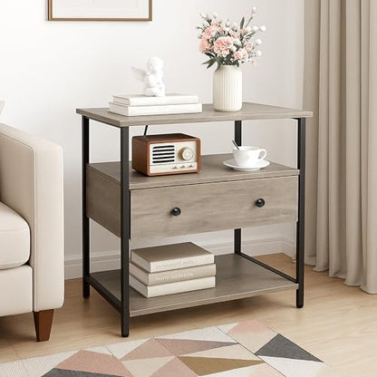 Edbuosy 27 Inch Wide Night Stand with Charging Station, Wood Nightstand with Open Shelf, Large Drawer Bedside Table for Living Room/Bedroom/Office, Rustic Gray - color: Rustic Gray, size: 27"W-1 Drawer