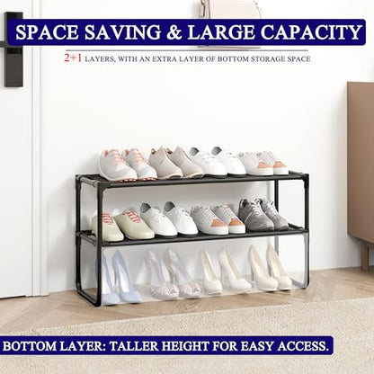 Long Shoe Rack, 2-Tier Stackable Shoe Organizer for Closet, Entryway, Hallway, Extra Bottom Layer, Holds 12-15 Pairs, Sturdy & Durable Waterproof Fabric Shelf, Space-Saving,Black(35.8" Wide) - size: 2-Black-35.8"