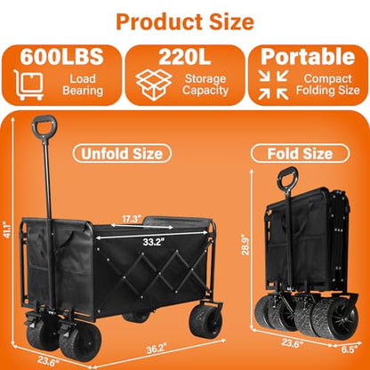Extra-Large Heavy-Duty Wagons carts Foldable with 600-lbs Capacity & Giant 4" All-Terrain Tank Wheels – Ideal for Beach, Camping, Grocery Hauling and Outdoor Adventures - size: 600LBS