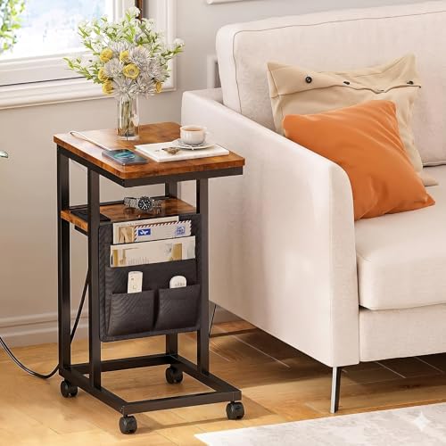 C Shaped End Table with Charging Station, Adjustable Height with Lockable Wheels & Storage Pouch, Rolling Side Table Slide Under Couch Laptop Desk, Small Sofa Table for Living Room (Small) - size: Small