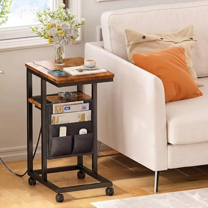 C Shaped End Table with Charging Station, Adjustable Height with Lockable Wheels & Storage Pouch, Rolling Side Table Slide Under Couch Laptop Desk, Small Sofa Table for Living Room (Small) - size: Small