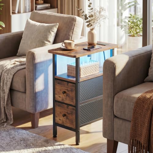 LOAKEKEL Narrow Nightstand with Charging Station, End Tables Living Room | Set of 2, Skinny Side Table with 2 Fabric Drawers, Small Sofa Table with LED Light for Bedroom, Brown - color: Rustic Brown + Black, style: Power + Light