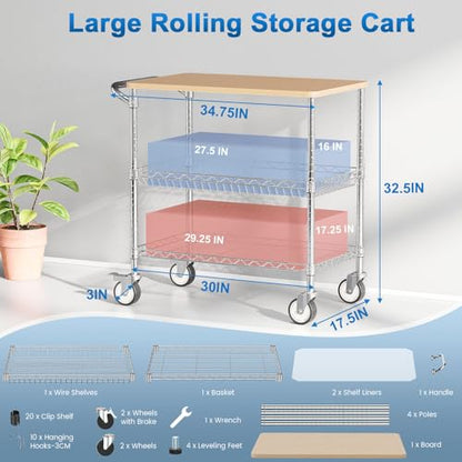 Rolling Kitchen Carts with Wheels, 3-Tier Utility Cart with Wood Tabletop | NSF Commercial Metal Serving Cart with Handle and Shelf Liner for Kitchen Snacks, 34"D x 17.5"W x 32.5"H,Chrome - color: Wood-chrome